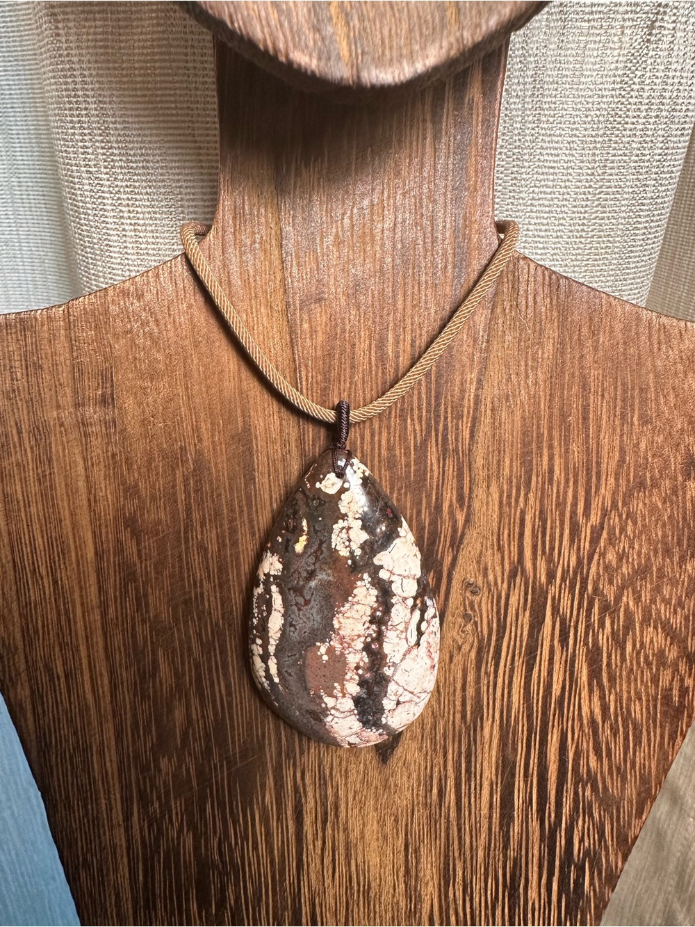 Brown and Cream Jasper Teardrop Pendant on Light Brown Rope